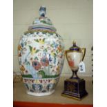 A LARGE DELFT COVERED VASE, height 44cm and a small Vienna style covered urn (2)