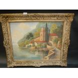 PARSON, continental lakeside building, oil on canvas, signed, 39cm x 49cm