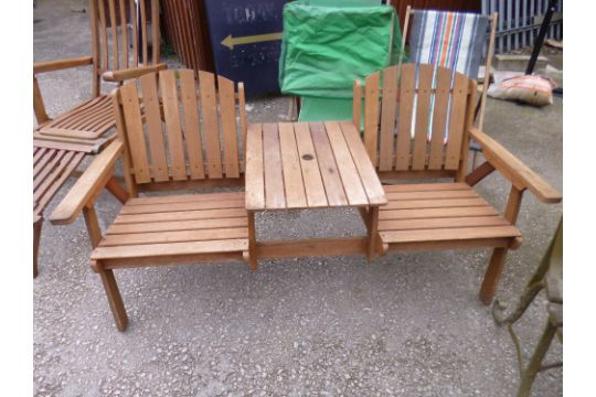 A Wooden Two Seater Garden Bench With Central Table - 2 Seater Wooden Garden Bench With Table