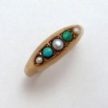 A 9CT GOLD VICTORIAN RING, with graduated pearls and turquoise within a navette shape to the plain