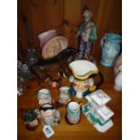 VARIOUS ORNAMENTS, to include Royal Doulton character jugs, Coalport 'The Villa', Beswick Mare,