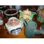 A BARGEWARE TOBACCO JAR, (no cover), oriental teapot and two other items (4)