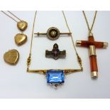 A COLLECTION OF JEWELLERY, to include an art deco necklace, a memorial brooch, lockets, a further