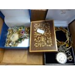 A QUANTITY OF COSTUME JEWELLERY, together with a pocket watch