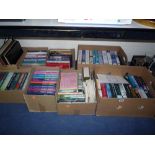 EIGHT BOXES OF BOOKS AND RECORDS, to include Catherine Cookson, Reginald Hill etc