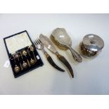 A GROUP OF SILVER AND PLATE, to include an Edwardian dressing table brush, glass pourri pot with