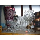A CUT GLASS TABLE LAMP, another lamp and other vases etc (7)