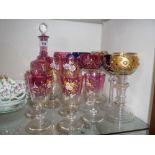 A COLLECTION OF BOHEMIAN STYLE HOCK GLASSES, and part suite of enamelled glasswares