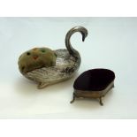 A PLATED SWAN PINCUSHION, and a small silver pincushion (2)