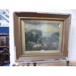 A GILT FRAMED OIL, Cattle Resting, and another gilt framed oil, Horses with Cart, indistinctly