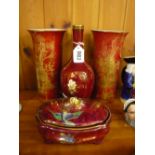 A PAIR OF CARLTONWARE RED LUSTRE SLEEVE VASES, a Crown Devon lustre vase and a Wilton Ware lustre