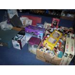 FOUR BOXES AND LOOSE SUNDRY ITEMS, collectors dolls, Pelham puppet, jigsaws, picnic case, recorder