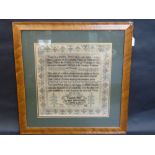 AN EARLY 19TH CENTURY SAMPLER, by Elizabeth Mills, dated 1812, worked with three proverbs