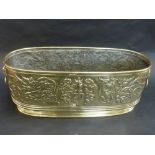 A 19TH CENTURY MOULDED BRASS LOG BIN, of oblong shape with rounded ends having lion masks and ring