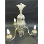 A VENETIAN STYLE THREE LIGHT CHANDELIER, three tiers of lustres, barley twist scrolling light