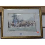 EDWARD VAN GOETHEM, young girl with sheep, watercolour, signed lower left, 20cm x 31cm