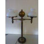 AN EDWARDIAN TWIN BRANCH BRASS LIBRARY LAMP, the central column surmounted by a globe flanked by