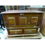 A MAHOGANY PANELLED TV STAND, with drop down door and two drawers