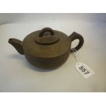 A CHINESE YIXING TEAPOT AND COVER, Republic period, of compressed cylindrical form with sharply