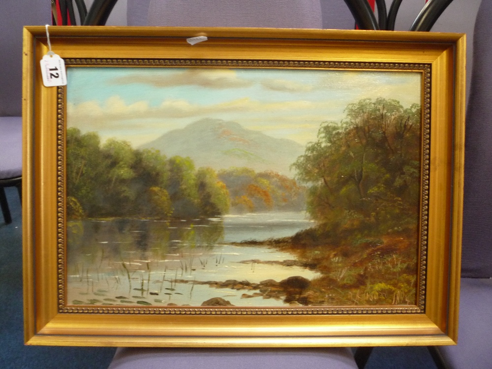 A. ALLISON, 1884, riverscape with trees and hills, oil on panel, signed and dated lower right,