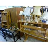 FOUR VARIOUS FOLDING CHAIRS, a bench,  a two door cupboard and stool (7)