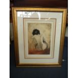 MARK SPAIN, 20th Century, 'Silent Reflection', female nude seated, coloured drypoint etching, signed