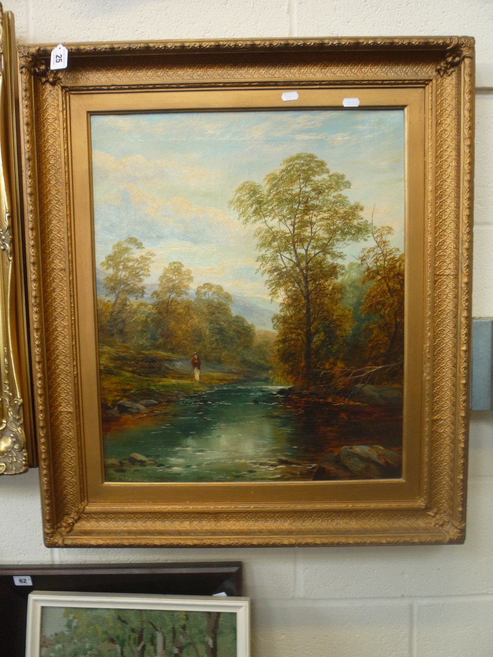 D. PAYNE, circa 1875, riverscape with woodland and hills and a lone fisherman, oil on canvas, signed