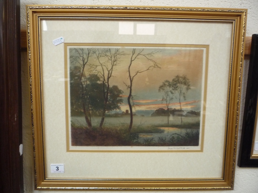 KIRKPATRICK, JOSEPH, coloured etching rural landscape with church at sunset, signed lower right,