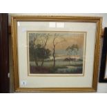 KIRKPATRICK, JOSEPH, coloured etching rural landscape with church at sunset, signed lower right,