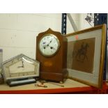 AN INLAID MANTEL CLOCK, (key and pendulum), a Smiths electric clock and a picture (3)