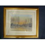 BRITISH SCHOOL, 20th Century, winter landscape with lake and trees at sunset, watercolour, signed WB
