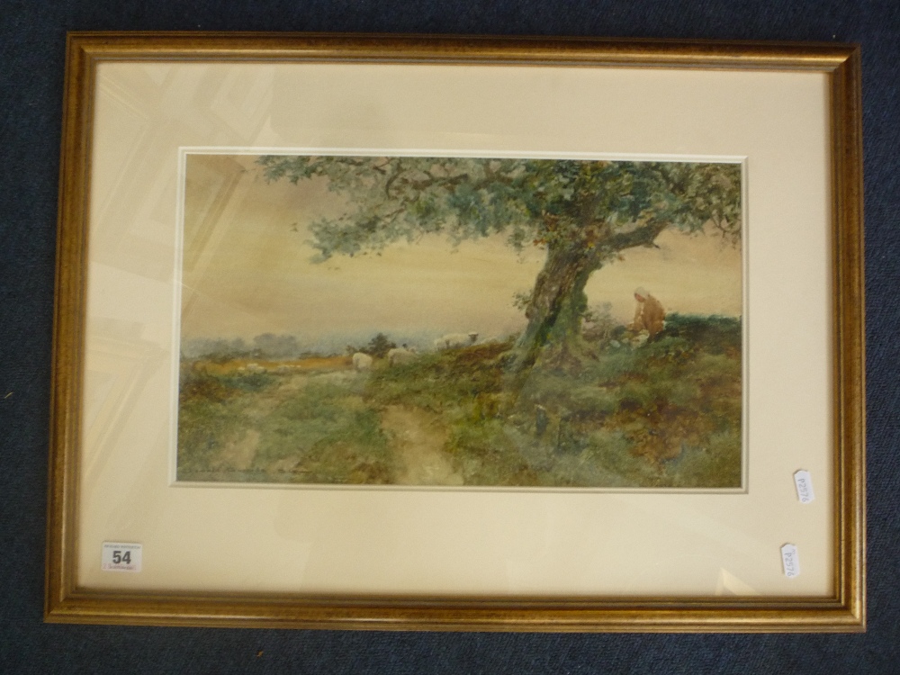 OSWALD GARSIDE, 1904, 'The Shepherdess', figure and sheep by a tree in rustic landscape,