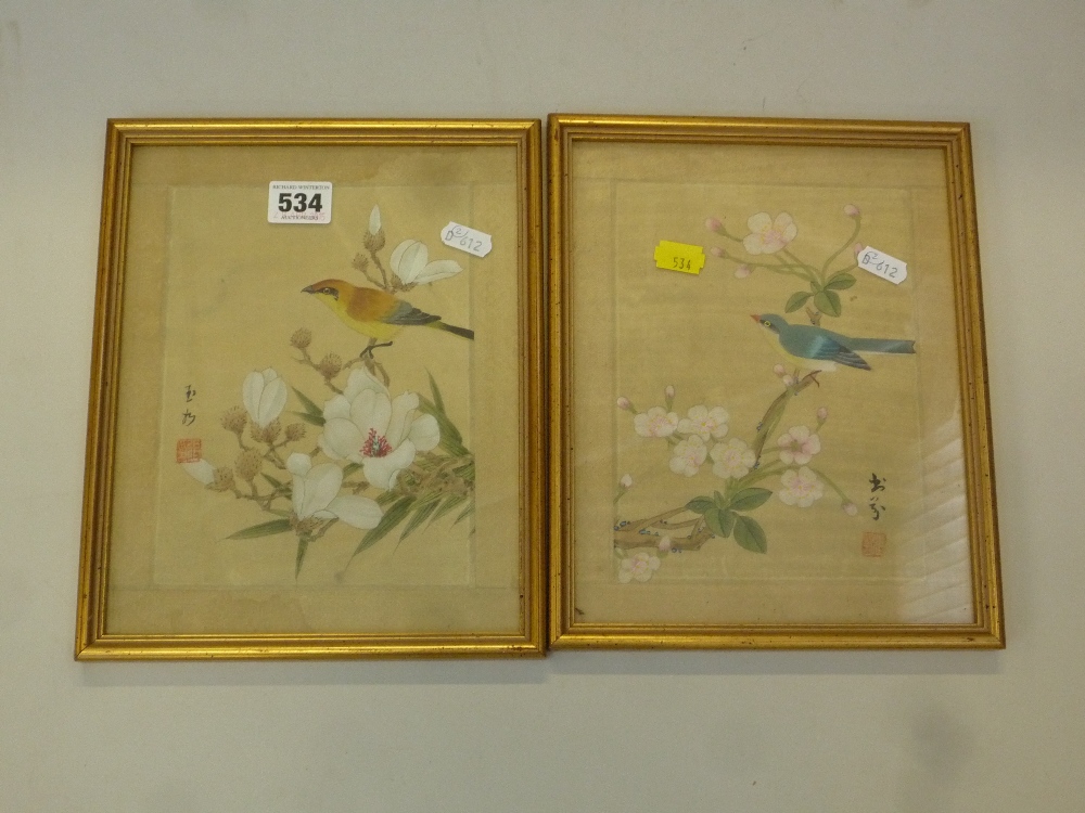 CHINESE SCHOOL, pair of watercolours on silk, birds on branches (2)