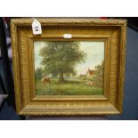 ENGLISH SCHOOL, mid 19th Century, rustic landscape with farmhouse, figure and horse beside a tree,