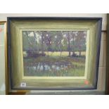 OLIVER WARMAN, circa 1998, pond at Taurus House, landscape with trees at waterside, oil on panel,