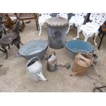 FOUR SMALL GALVANISED BATHS, galvanised bin and four watering cans (9)