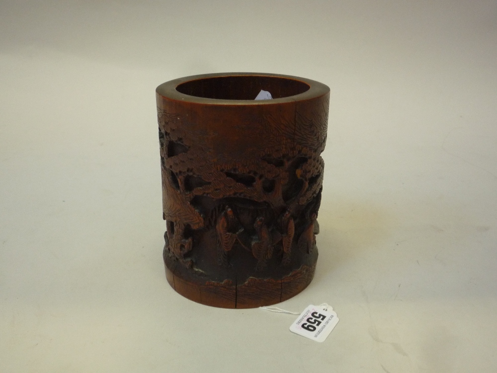A CHINESE CARVED BAMBOO BRUSH WASHER, bitong, 19th Century, of cylindrical form and carved with