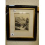 CRAWFORD, DONALD, a framed drypoint etching of Gatecrag Borrowdale, signed lower right, 17cm x 14cm,