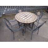 A METAL TILE TOPPED GARDEN TABLE, and four chairs (5)