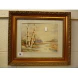 ENGLISH SCHOOL, early 20th Century, silver birches beside a meandering river, watercolour, unsigned,