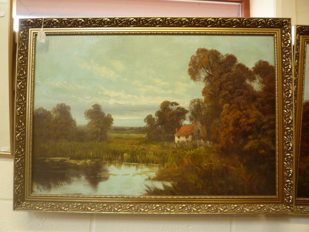 R. C. SMITH, a pair of rustic landscapes, opposing views of the same pond with cottages and trees, - Image 2 of 4