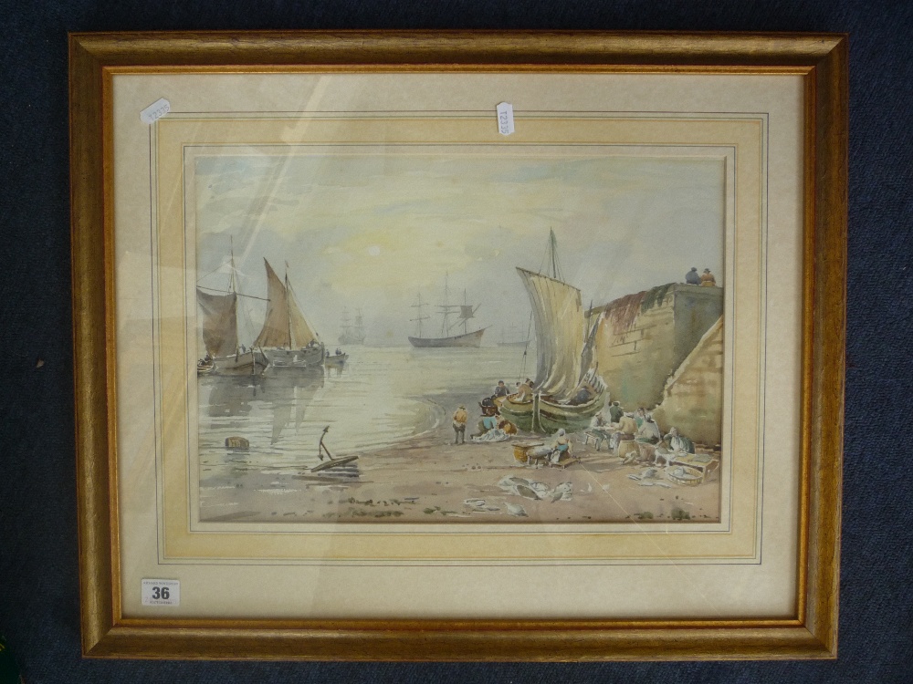 BRITISH SCHOOL, early 20th Century, fishing port with ships and figures, watercolour, unsigned, 30cm