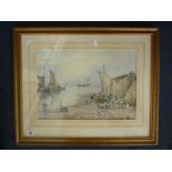BRITISH SCHOOL, early 20th Century, fishing port with ships and figures, watercolour, unsigned, 30cm