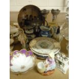 VARIOUS ORNAMENTS, PLATES, etc, to include Noritake bowl, a pair of EPNS vases, Staffordshire figure