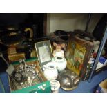 FOUR BOXES AND LOOSE PLATED ITEMS, CERAMICS, METALWARES, STONEWARE, SUITCASE, etc