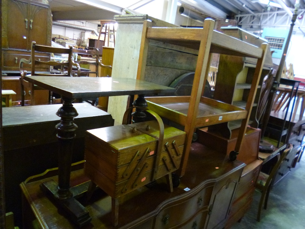 AN OAK OCCASIONAL TABLE, tea trolley and a sewing box (3)