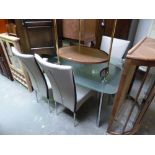 A MODERN GLASS TOPPED TABLE, and four leather style chairs (5)