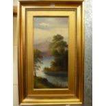 H.B. DAVIES, 1902, oil on canvas, riverscape with trees and mountains, signed lower left, 40cm x