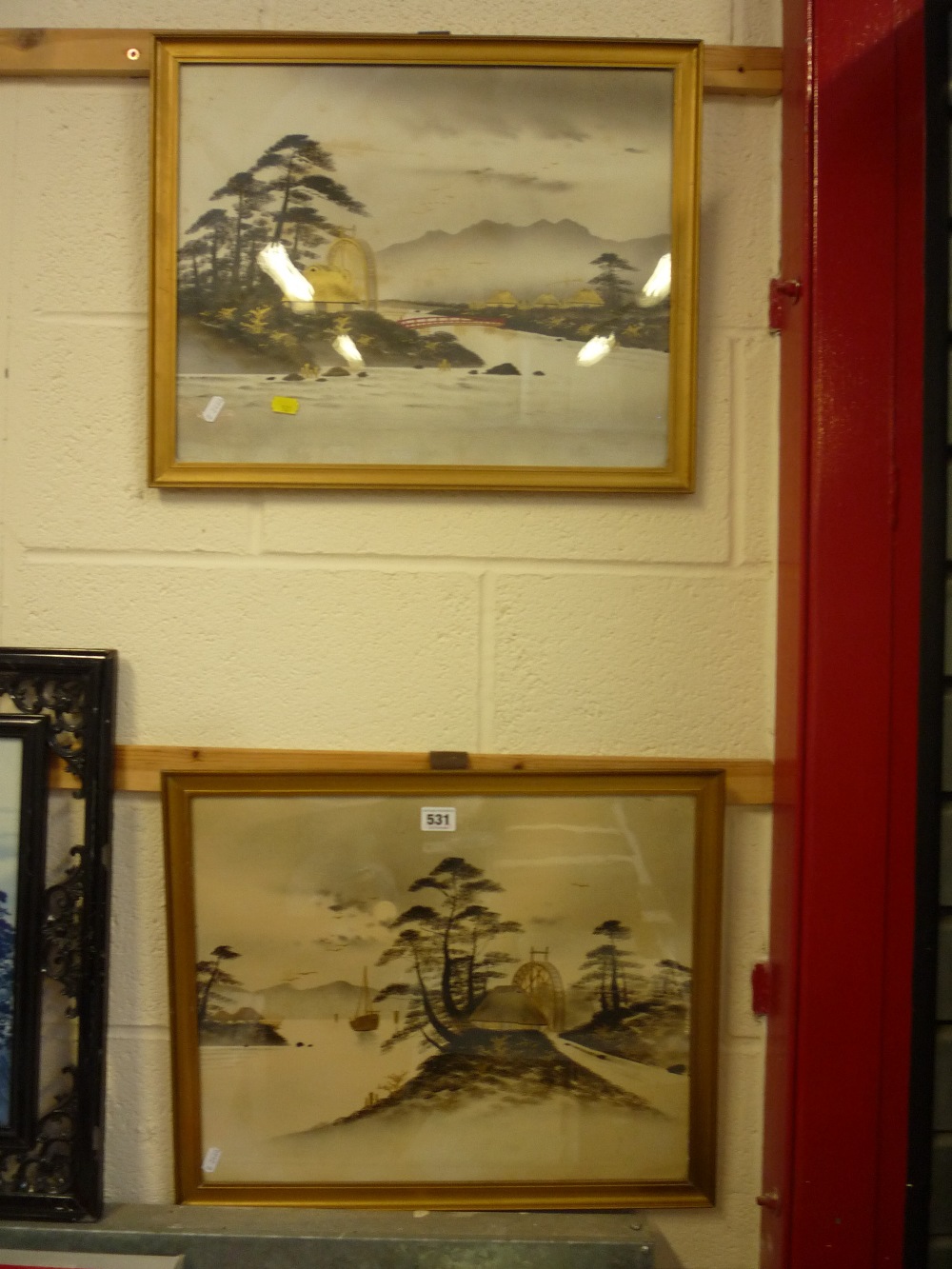 CHINESE SCHOOL, mid 20th Century, a pair of ink riverscapes with gilt detail, framed, 38cm x 47cm (