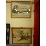 CHINESE SCHOOL, mid 20th Century, a pair of ink riverscapes with gilt detail, framed, 38cm x 47cm (